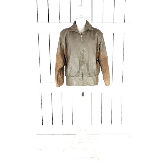 80s vintage beige brown suede and leather zipper bomber Dolman sleeve jacket